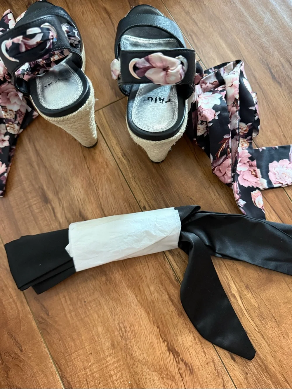 PAIGE Floral Tie-Ankle Black Espadrille Wedge Sandals